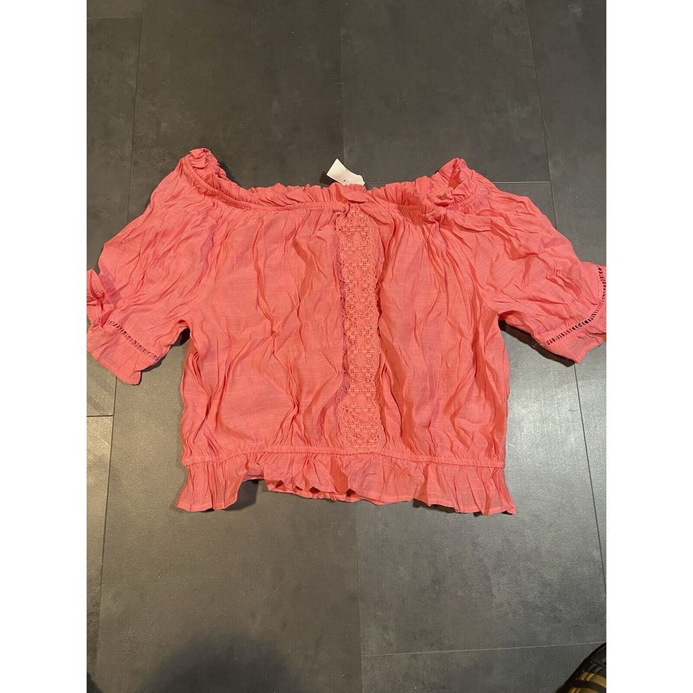 June & Hudson Pink Crop Cotton Off The Shoulder Long Sleeved Top Size XL S-1021